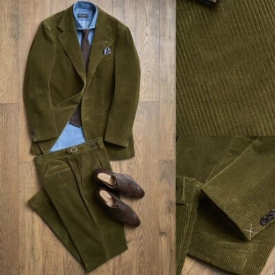 Army Green Men's Corduroy Striped Suits Regular Fit Business Casual Coat 2 Piece - Image 1 of 4