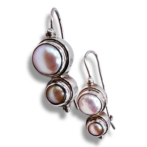925 Sterling Silver Pink Fresh Water Pearl Bezel Set Drop Dangle Hook Earrings - Picture 1 of 14
