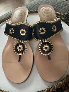 jack Rogers Blue & Gold Thong Whipstitch Wedges Size 10M - Picture 1 of 4