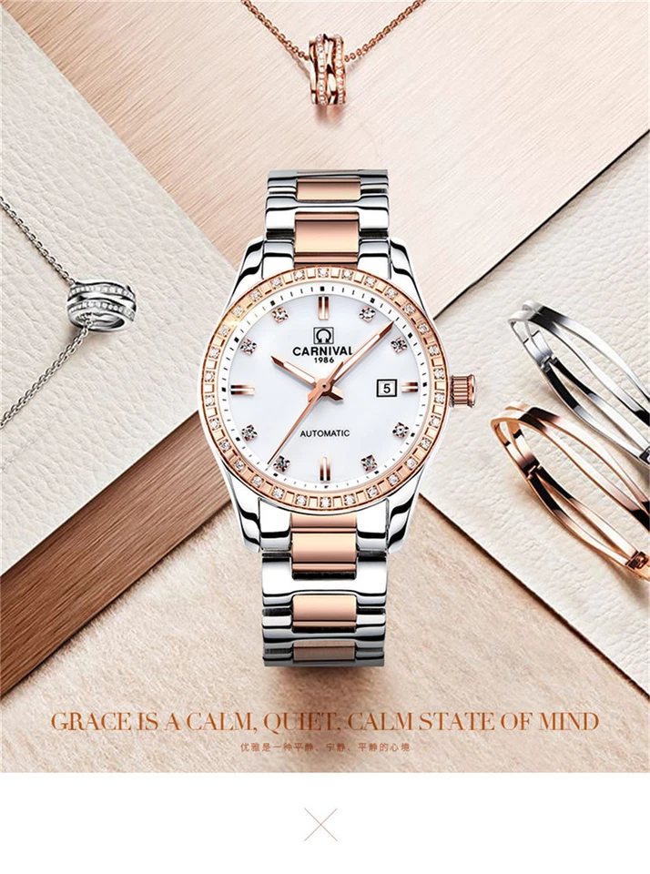 Carnival женщин автоматические механические часы 25Jewels со стразами платье часы Дата - Изображение 1 из 4