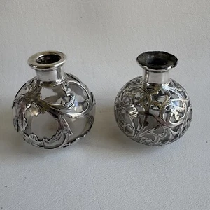 Pair Antique Fine Silver Overlay Perfume Bottles .999 Silver - Picture 1 of 10