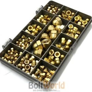 100 ASSORTED PIECE SOLID BRASS M4 M5 M6 M8 M10 DOME ACORN DECORATIVE NUTS KIT - Picture 1 of 5