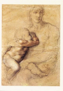 Miguel Ángel (1475-1564) Dibujo•Virgen amamantando al niño Jesús Arte POSTAL - Imagen 1 de 1