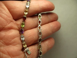 Vintage  STERLING SILVER BRACELET MULTI COLORED GEMSTONES 7 .5 inches - Picture 1 of 6
