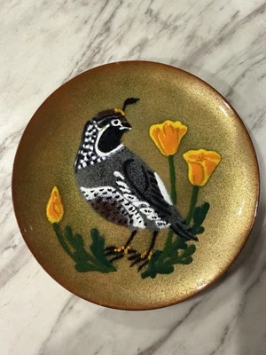 Prato antigo de codorna de cobre com esmalte Annemarie Davidson meados do século 6"" - Imagem 1 de 4