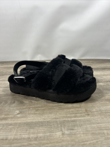 UGG Koolaburra sandali fuzz’d out donna taglia 7 neri pantofole pelliccia sintetica 1134590