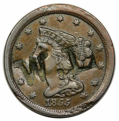 Medio centavo cabello trenzado 1855, C-1, contrasello "W.L" Foto 1 de 3