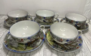Japanische Eierschale Porzellan handbemalt Teetassen & Untertassen blauer Vogel 5er Set - Bild 1 von 10