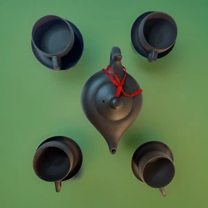 Authentic Yixing Zisha Black Clay Teapot Set 4 Cups Saucers Marked By Artist - Picture 1 of 21
