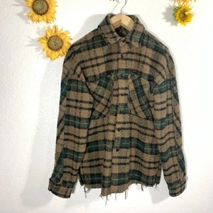 Chaqueta Camisa Chaqueta Mnml Talla Mediana Hombres Tejido Franela Marrón Verde Dobladillo Crudo - Imagen 1 de 15