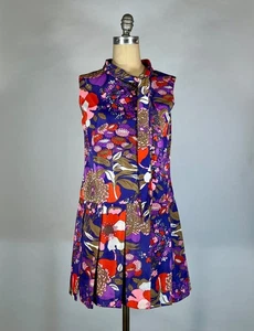 Vintage 1960's UNIQUE purple psychedelic floral print mod drop waist dress sz M - Picture 1 of 15
