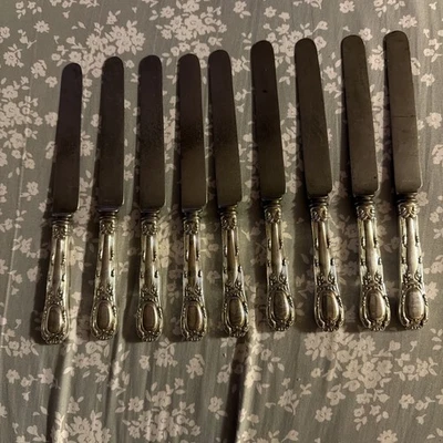 Lote de 9 cuchillos de cena de frutas de patrón francés antiguo de 1889 Tiffany & Co plateados Foto 1 de 4