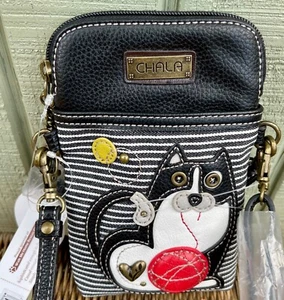 Chala Fat Cat Neu mit Etikett Umhängetasche Handytasche gestreift schwarz & weiß Katze rot Garn - Bild 1 von 9