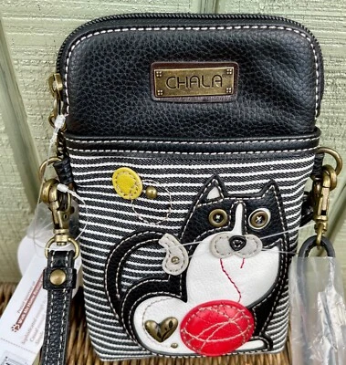 Bolso Bandolera Chala Fat Cat Nuevo con Etiquetas Teléfono Rayas Blanco y Negro Gato Rojo Hilo Foto 1 de 4