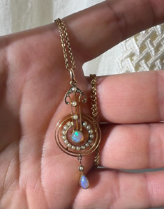 Art Nouveau 9ct gold Opal and pearl pendant with vintage chain Antique