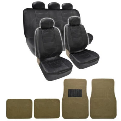 Fundas de asiento de cuero PU + alfombrillas para automóviles SUV furgonetas - beige/negro 13 piezas Foto 1 de 4