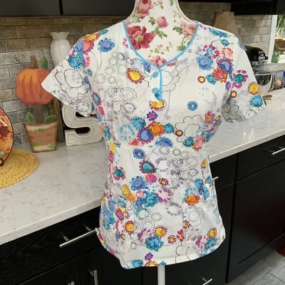Dickies Scrub Top Size XS Short Sleeve Floral Print V Neck Medical Vet Tech - Image 1 of 4