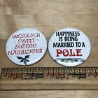 2 Vintage Merry Christmas Polish Happiness Married to Pole Button Pinback Pins