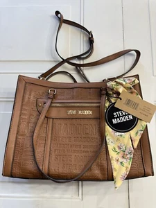Bolso de Mano Steve Madden Coñac Logo Repujado Grande Marrón con Bufanda Bolso de Maquillaje Nuevo con Etiquetas $108 - Imagen 1 de 8