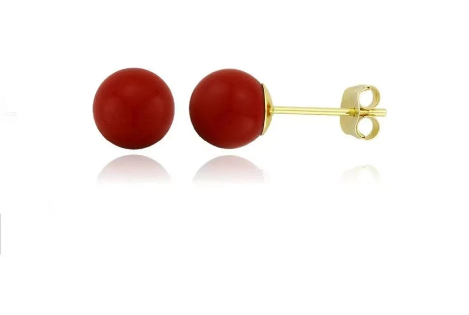 14K Solid Gold Red Coral Ball Push Back Stud Earrings Gift - Image 1 of 1