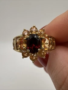 Motivo de girasol de granate natural y citrino de oro macizo de 9 quilates con sello del Reino Unido 3,1 g regalo - Imagen 1 de 10