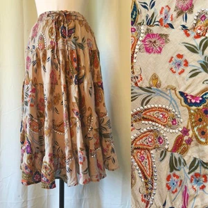 VTG 90s Silverstream Midi Tan Flowy Paisley + Sequin Hippie Boho Skirt - Picture 1 of 7