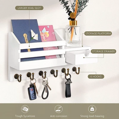 Mail Organizer Wall Mount 6 Hooks Storage Drawer Key Rack for Entryway & Home De - Image 1 of 4
