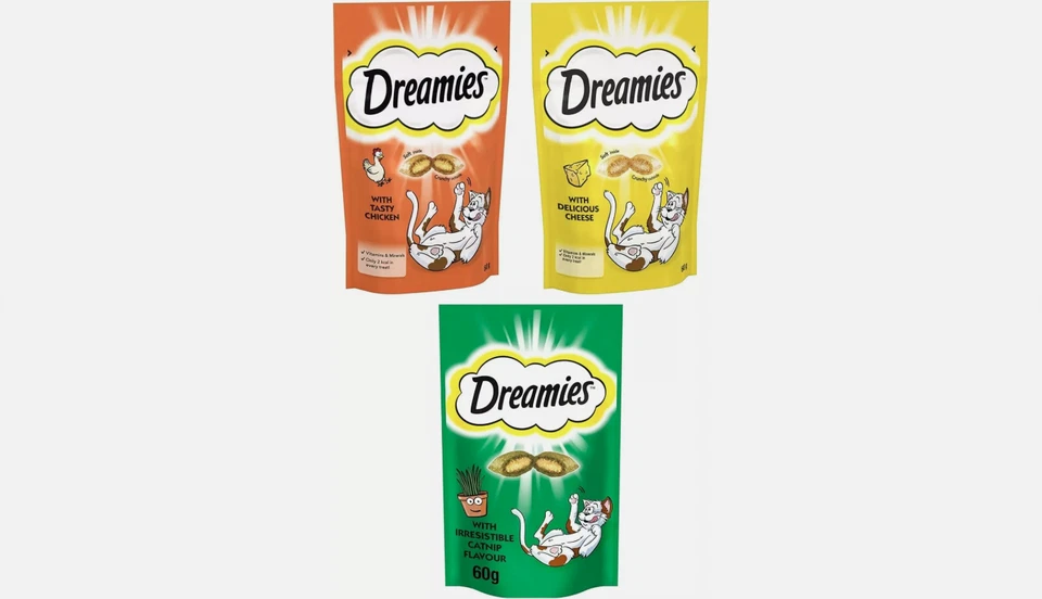 Dreamies Cat Treats Bundle with Scrumptious Chicken, Cheese & Catnip 60g x 3 - Image 1 of 4
