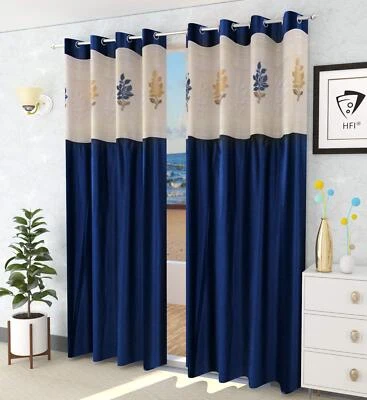 Cortinas de puerta de poliéster con ojales premium de 2 piezas con red floral de 7 pies - azul marino Foto 1 de 4