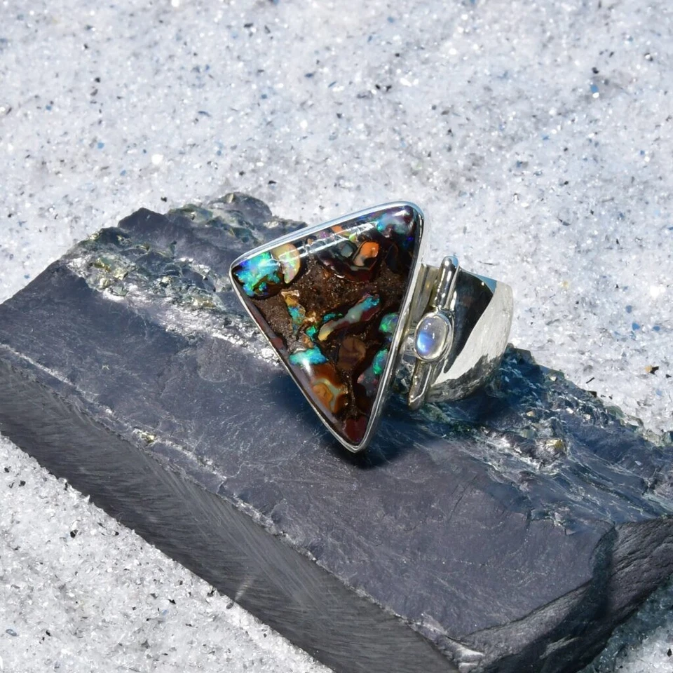 Boulder Opal Ring, 925er Silber, Edelsteinring (21062), mit Mondstein - Bild 1 von 1