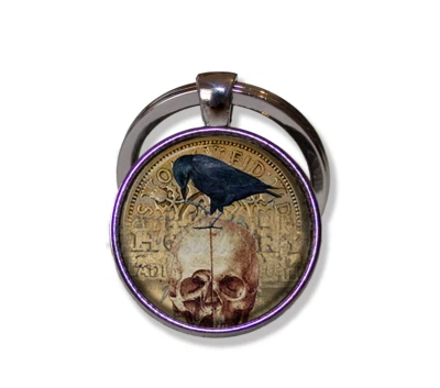 Gothic Skull with Black Raven - Handmade ROUND Glass Pendant Keychain KEY RING - Image 1 of 3