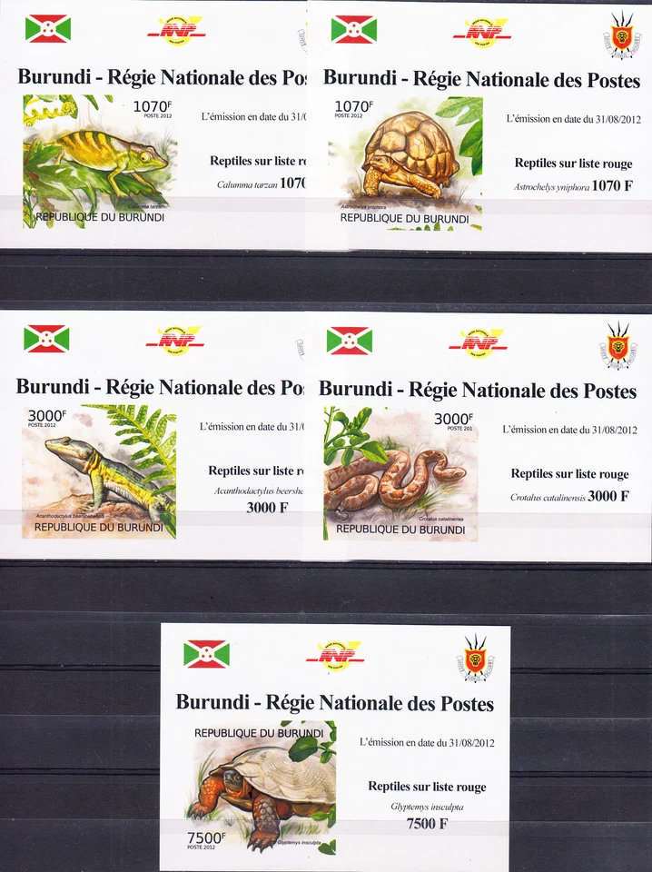 W BURUNDI 1127A-B+1147 DLv ENDANGERED REPTILES DE LUXE IMPERFORATED SOUV SHEETS - Image 1 of 1