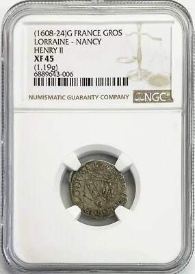 1608 -1624 G DUCHY OF LORRAINE FRANCE FEUDAL GROSCHEN HENRI II COIN NGC XF 45 - Image 1 of 2
