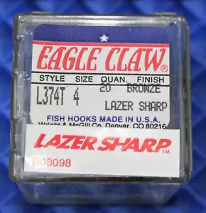 EAGLE CLAW FISH-HOOKS Size 4 Style L374T Bronze Finish 20 Count Box - Picture 1 of 2