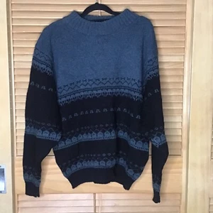 Vintage Norsk Blues Fair Isle 100% Wool Sweater Jumper Pullover Size L Unisex - Picture 1 of 9