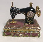 Bejeweled ~ Enamel "antique Sewing Machine" Hinged Trinket Box ~ Spinning Wheel