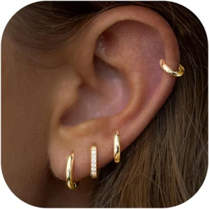 Small Gold Huggie Hoop Earrings Set for Women Men - Hypoallergenic 14K Gold Plat - Picture 1 of 12