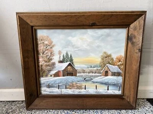 landscape Oil Painting on canvas signed by Koenig framed Winter Farm 22x26 - Picture 1 of 15