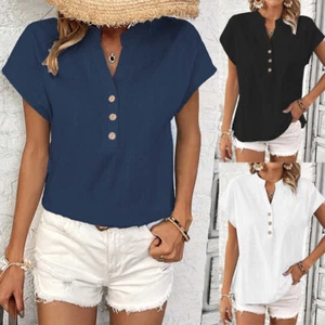 Women's Summer Tops Blouse Casual V Neck Short Sleeve Loose Tee Shirts Plus Size - Picture 1 of 25