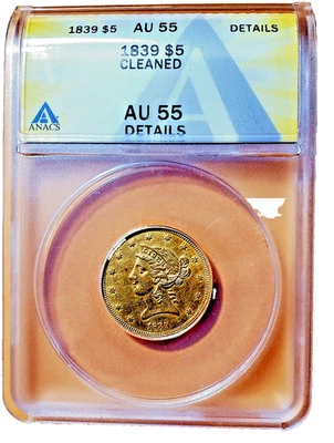 1839 - $5 Gold Liberty Half Eagle - AU55 - RARE - BLACK FRIDAY SALE - Image 1 of 4