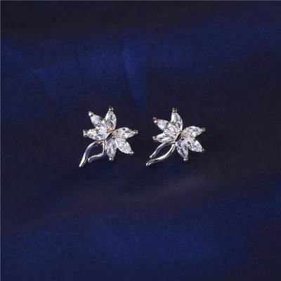 Pendientes de plata de ley 925 con hojas de flores diamantes de imitación elegantes joyas para mujer Foto 1 de 4