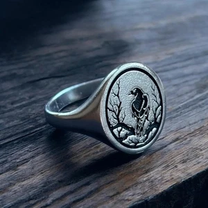 Sacred Raven Bird Signet Ring 925 Sterling Silver Gothic Handcrafted Ring - Picture 1 of 4
