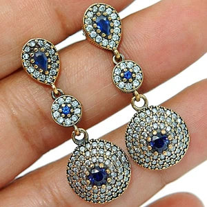 Ottoman Empire Style 6CT Treated Sapphire 925 Sterling Silver Earrings S3-8 - Picture 1 of 2