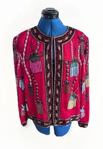 Vintage 80s 90s Scala Red Silk Beaded Sequined Bolero Jacket Gift Box Size L - Picture 1 of 13