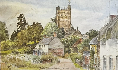 Piddletrenthide Village & Church, Water Colour Image by Harold Sheild Postcard - Image 1 of 2