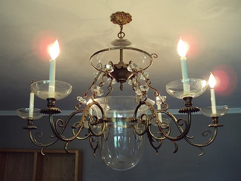 Antique Dutch Mouth Blown Glass & Bronze Globe Chandelier / Poss.E.F Caldwell Cover