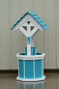 4 foot Poly Decorative Wishing Well; with Planter Bucket; Aruba Blue and White - Picture 1 of 2