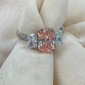 Bague de fiançailles 3 pierres IGI rose vif taille rayonnante diamant cultivé en laboratoire 14 carats 2,40 ctw - Photo 1 sur 11