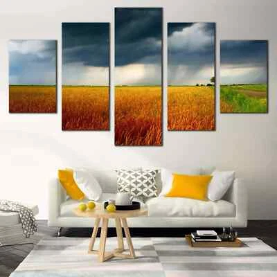 Golden Grain Fields With Stormy Skies 5 Piece Panel Canvas Wall Art Photo Decor - Image 1 of 4