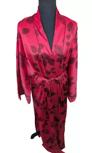 Natori Vintage Maxi Robe Kimono Leaf Red Side Slits Loungewear Size Medium - Picture 1 of 12